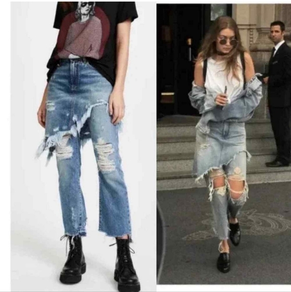 R13 Denim Double Classic ShreddedHem Skirted Jeans - Picture 3 of 16